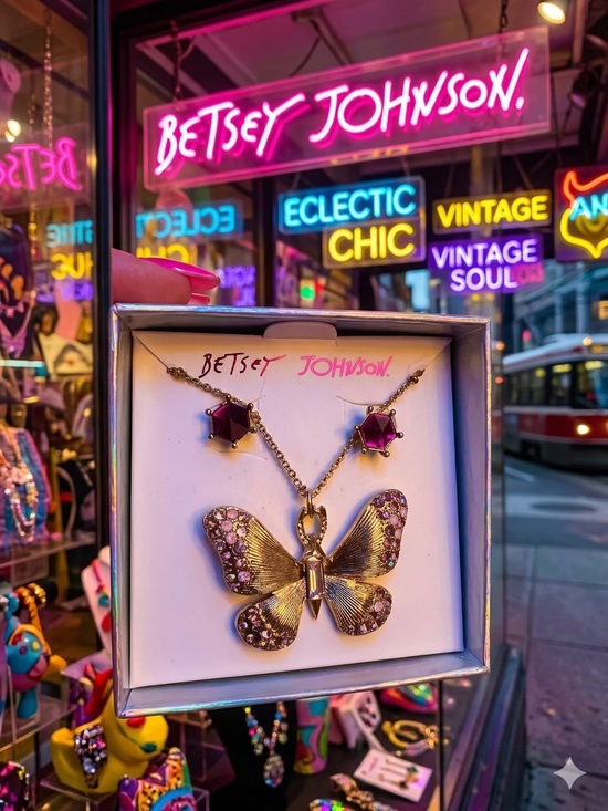 Betsey Johnson Jewelry - Betsey Johnson Gold-tone Butterfly Necklace & Pink Accent Studs